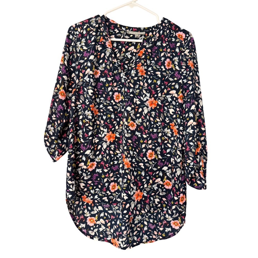 Daniel Rainn Navy Blue Floral Split Neck Roll Tab Sleeve Blouse Top Medium